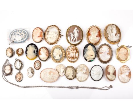 A large collection of cameos. Comprising ten oval shell cameos, mostly depicting female profile busts and one depicting a mai