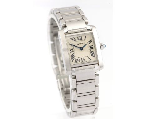 Cartier, Tank Francaise, a lady's stainless steel bracelet watch. Circa 2005, ref 2384, the silvered dial with black Roman nu