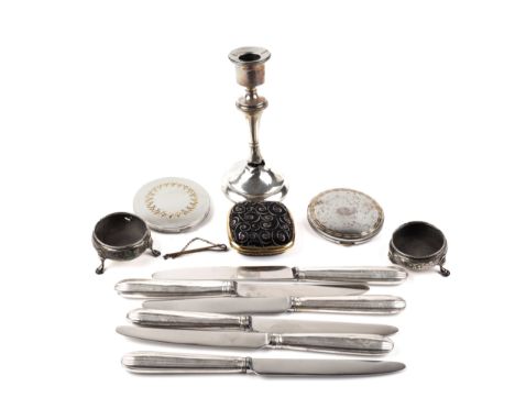 A small collection of silver and other items. Comprising; a pair of damaged George III silver cauldron shaped salt cellars, e