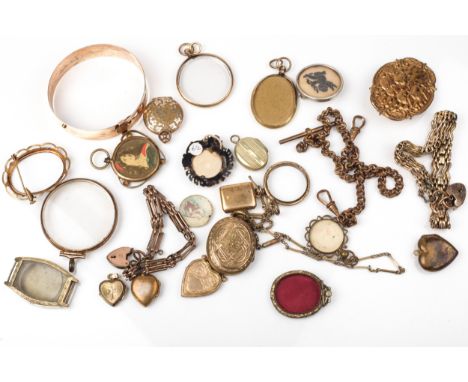 A collection of Victorian and later gold-plated lockets and other items. Including two gate bracelets; a watch chain/'Albert'