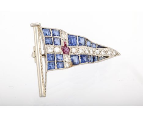 Royal Thames Yacht Club. A mid-20th century sapphire and diamond yacht club burgee brooch. Designed to imitate the pennant fl