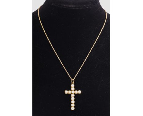 An early 20th century gold and cultured-pearl cross and chain, The cross claw set with 12 round bouton pearls approx. 4.5mm d