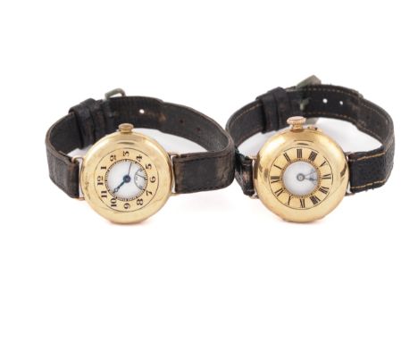 Two early 20th century 18ct gold half-hunter cased wristwatches, circa 1925. Each with a white enamelled dial with black Roma