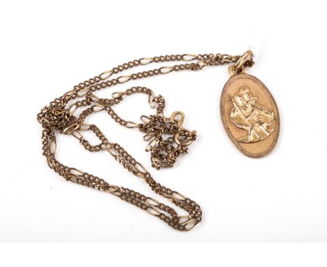 A Vintage 9ct gold oval St Christopher pendant and chain. The St Christopher with obscured marks; the filed-curb fetter link 