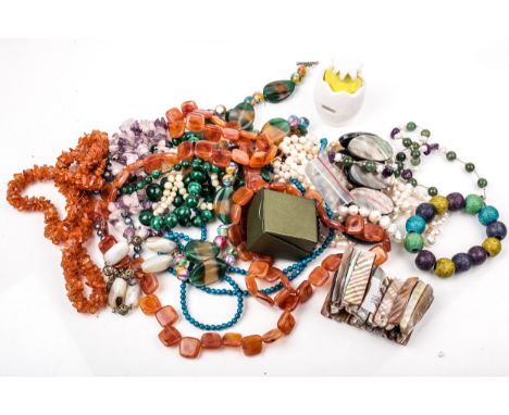 A collection of cultured-freshwater-pearl and various hard stone necklaces. Including; a black-stained and four white freshwa