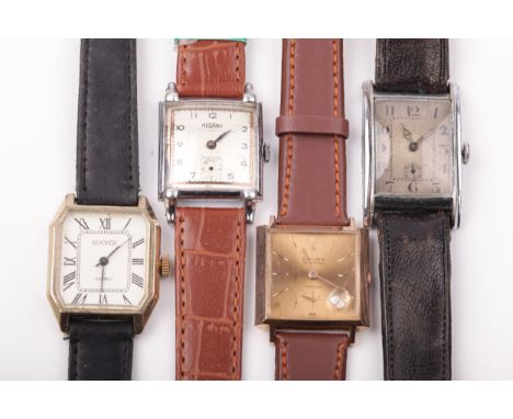 Four vintage gentleman's square or rectangular wristwatches. Comprising; Swiss, un-named, a chrome plated rectangular wristwa