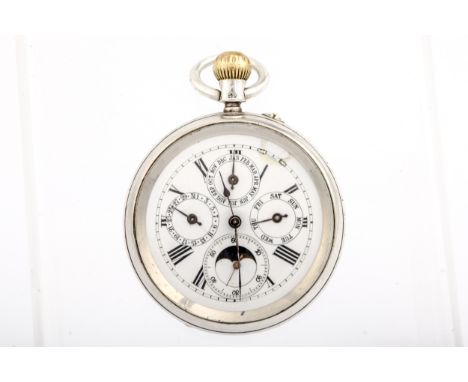 An early 20th century silver cased, open face keyless pocket watch. The white dial with black Roman numerals and four subsidi