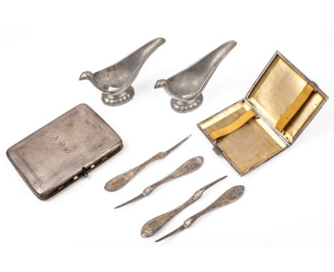 A collection of silver. To include two silver cigarette cases, one with initials 'AGB', Birmingham 1919, the other with engin