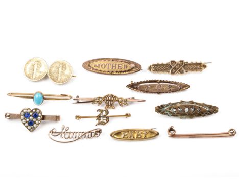 A collection of eleven gold and yellow metal brooches, Some gem set. Including; two set with half-pearls; a 'Slimmie' wirewor