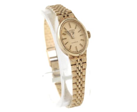 Rotary, lady's 9ct gold oval quartz bracelet watch, circa 1979. The brushed-golden dial with raised gilt baton indicators and