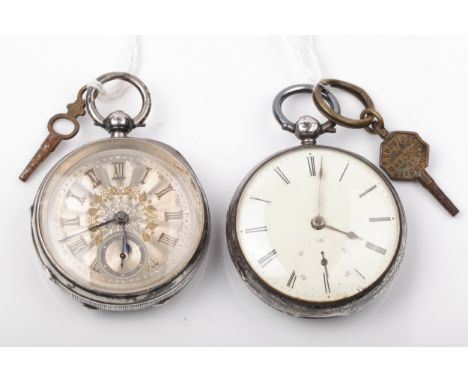 Two Victorian silver open face pocket watches. Comprising one circa 1846, with a cream dial with black Roman numerals, and a 