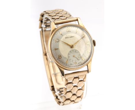 Rotary, a gentleman's 9ct gold cased bracelet watch, circa 1955. The two-tone silvered dial with raised gilt arrow-head and A