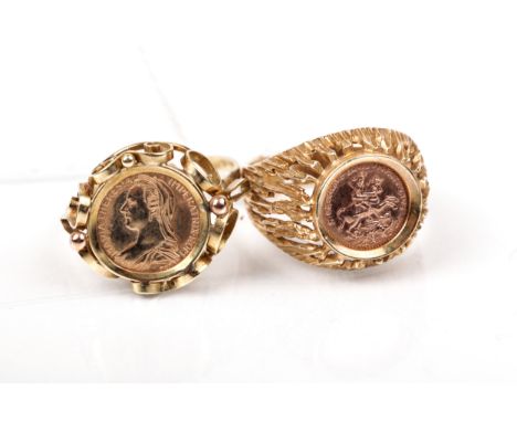 Two vintage Austrian gold and 'coin' set signet rings; Comprising; an Austrian gold ring inset with a re-strike small Maria T