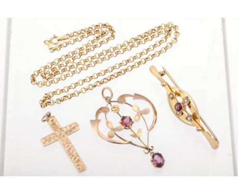 An early 20th century gold, garnet and purple paste double-scroll pendant and a collection of jewellery. Comprising; a floral