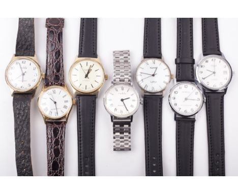 Six vintage gentleman's wrist watches and a bracelet watch. Comprising; Allaine, with a white dial with Roman numerals, baton