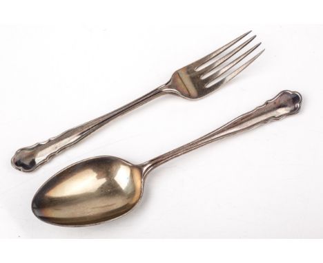 A silver christening fork and spoon. Mark of William Hutton &amp; Sons Ltd, Sheffield 1925, 50g; in a fitted black leather ca
