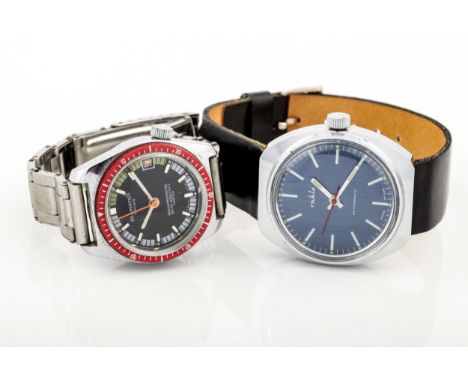 Two vintage gentleman's stainless steel wristwatches in 1970s style. Comprising; Ruhla, with a blue dial and white baton nume