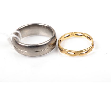 Two wedding bands. Comprising; a 22ct gold pierced 'wavy' wedding band, hallmarks for London 1953, broken and about size K-is