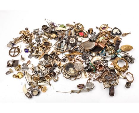 A collection of Victorian and later jewellery other items. Including a cushion-shaped wrist watch, circa 1920; a fob compass;
