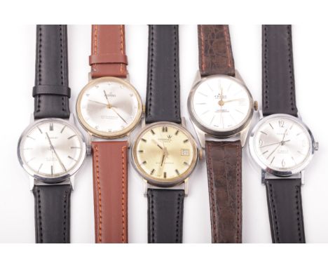 Five vintage gentleman's round wristwatches. Comprising; two with date apertures by Cronel and Freba 'Calendar'; two others w