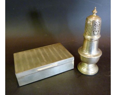 A London Silver Cigarette Box, the top with engine turned decoration together with Birmingham silver sugar caster