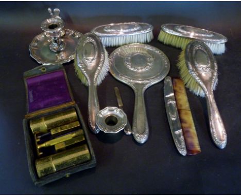 A Chester Silver Six Piece Dressing Table Set, comprising four brushes, a hand mirror and a comb together with a silver plate