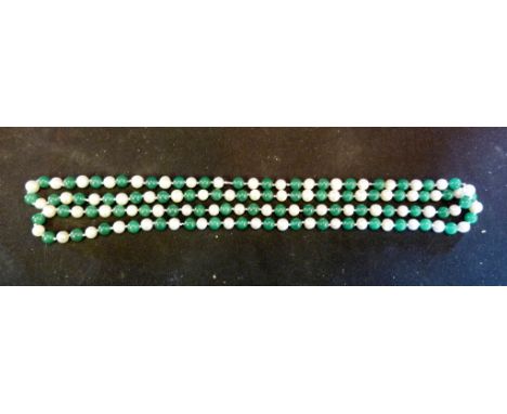 A Pearl and Green Hard Stone Long Bead Necklace