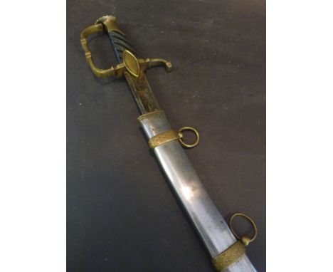 A French Napoleonic Sabre, with the slim 32½" curved blade retaining much original blue and gilt finish for a third of its le