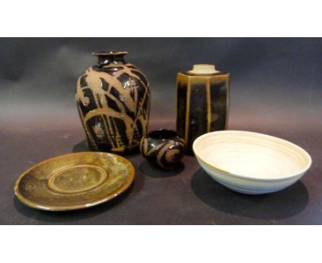 A Jeremy Leach Studio Pottery Vase of Oviform, together with another similar octagonal vase, a small squat vase by Jeremy Lea