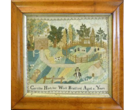 A Regency Silkwork Sampler, within a maple frame, 20 x 22 cms.