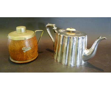 A Silver Plated Teapot, together with an oak and silver plated tea caddy