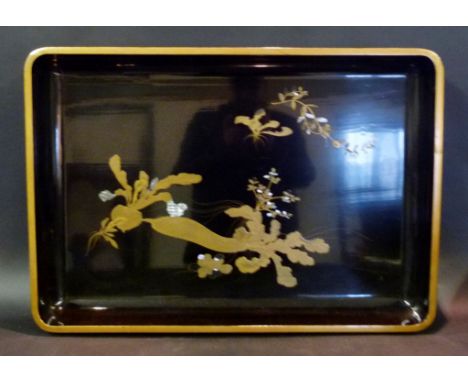 A Japanese Lacquered Large Rectangular Galleried Tray, inlaid with mother of pearl and highlighted with gilt depicting foliag
