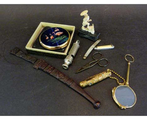 A Small Dagger within Leather Scabbard, together with other items to include a small ivory figure, a pince nez and two foldin