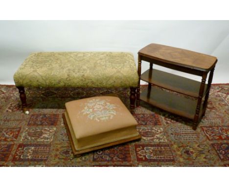 A Rectangular Stool, the upholstered seat above turned legs with brass caps and castors, together with a Victorian square foo