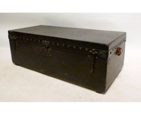 A Black Leather Motor Trunk by Louis Vuitton, Paris and London, 88 cms wide, 41 cms deep, 31 cms high