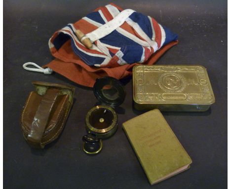 A WWI Period Marching Compass (af) in Leather Case, a Princess Mary Xmas tin and a small flag