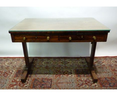 A 19th Century Mahogany Sofa Table, the two frieze drawers with brass knob handles above twin end supports, 101 cms wide