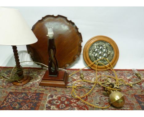 A Brass Rise and Fall Light Fitting, together with a mirrored table centre, a mahogany table top and two wooden table lamps