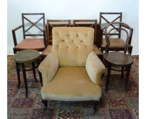 A Late Victorian Early Edwardian Upholstered Armchair, together with a set of four mahogany dining chairs, a drop-flap dining