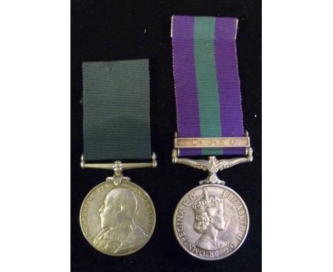 An ER VII Volunteer Force Long Service Medal Named to 1433 L. Cpl A. Smith 3rd V. B. Hamp Rgt and a QEII General Service Meda