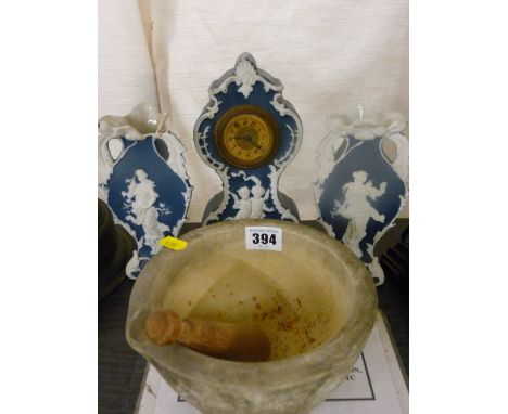 Vintage pestle and mortar and a Jasperware style clock garniture
