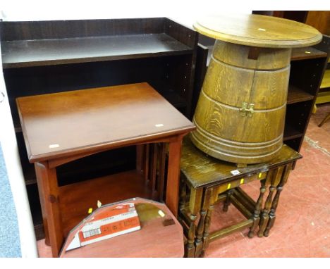 Set of three reproduction oak side tables, a three tier mahogany example, a vintage style barrel table with side opening door