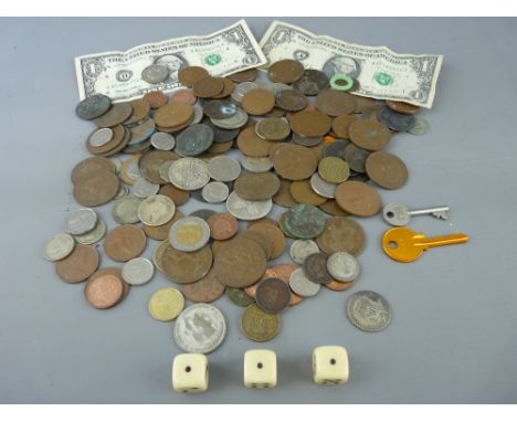 Collection of vintage and modern coinage, mainly British with two American one dollar notes etc