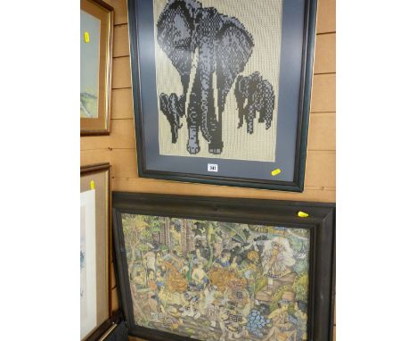 Framed woolwork picture of elephants and an Oriental framed tapestry