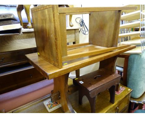 Vintage footstool, crossbanded mahogany two tier stand and a rectangular top refectory style coffee table