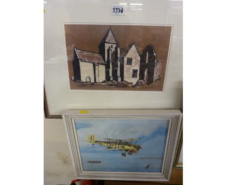 Print of Penmon Priory and a print of a WWI fighter plane