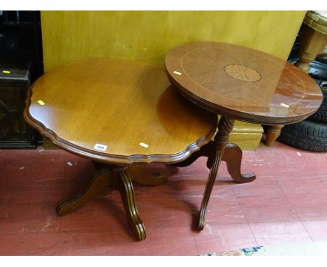 Reproduction mahogany occasional piecrust top table and a tripod table with inlaid circular top