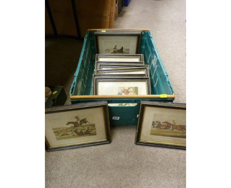 Crate of framed vintage prints - horse racing and hunting etc