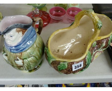 Majolica basket form planter and a jug of a portly friar