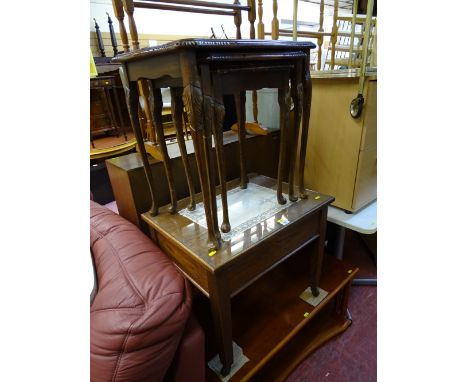 Vintage oak table, a set of three reproduction glass topped occasional tables and a modern yew wood coffee table with under t